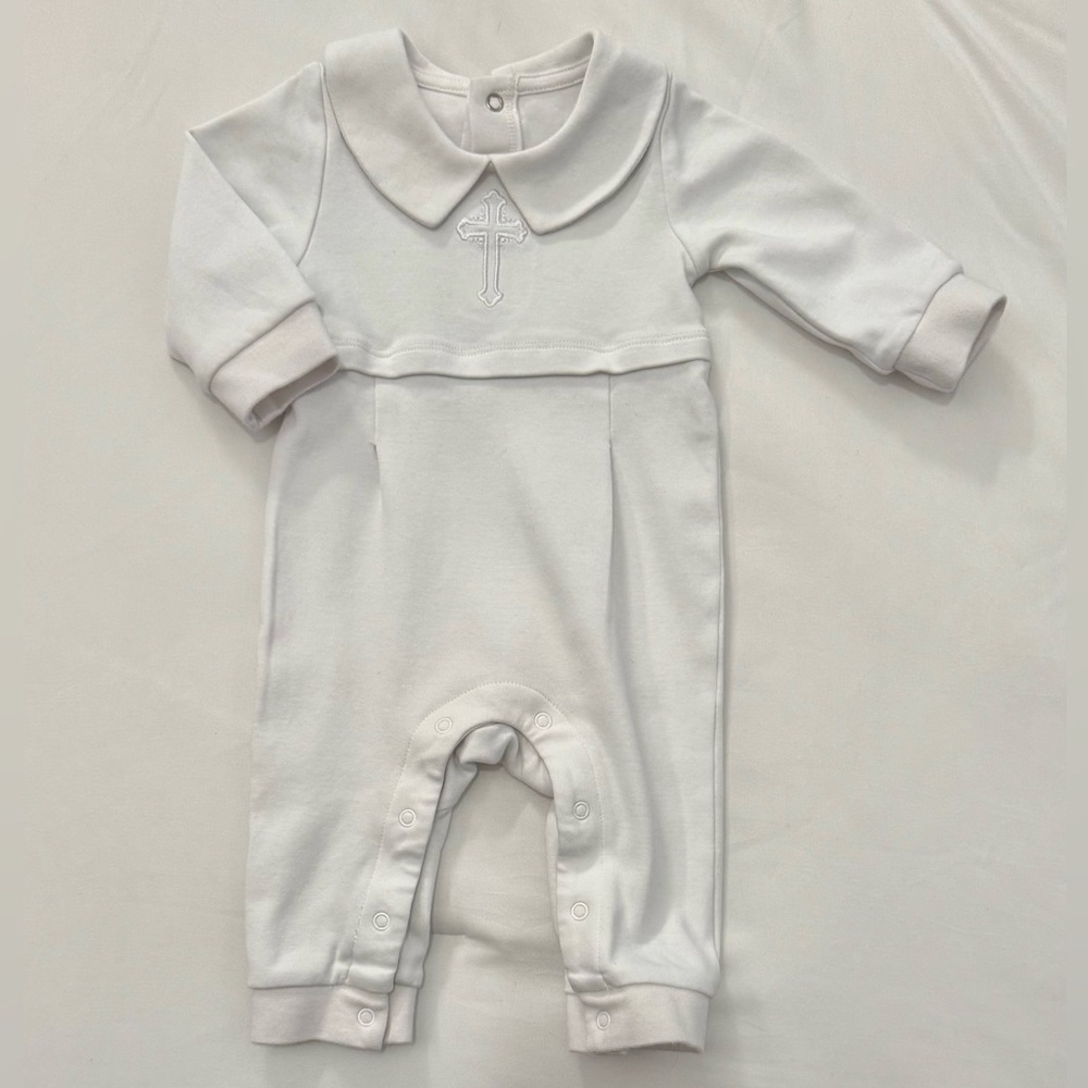 Embroidered Cross Peter Pan Collared One Piece - Size 3 Months
